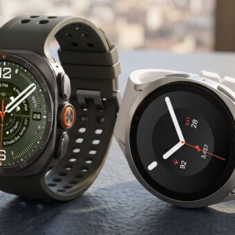 Deux montres connectées, l'une vert foncé, l'autre blanche.
