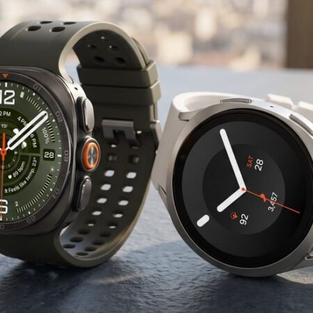 Deux montres connectées, l'une vert foncé, l'autre blanche.
