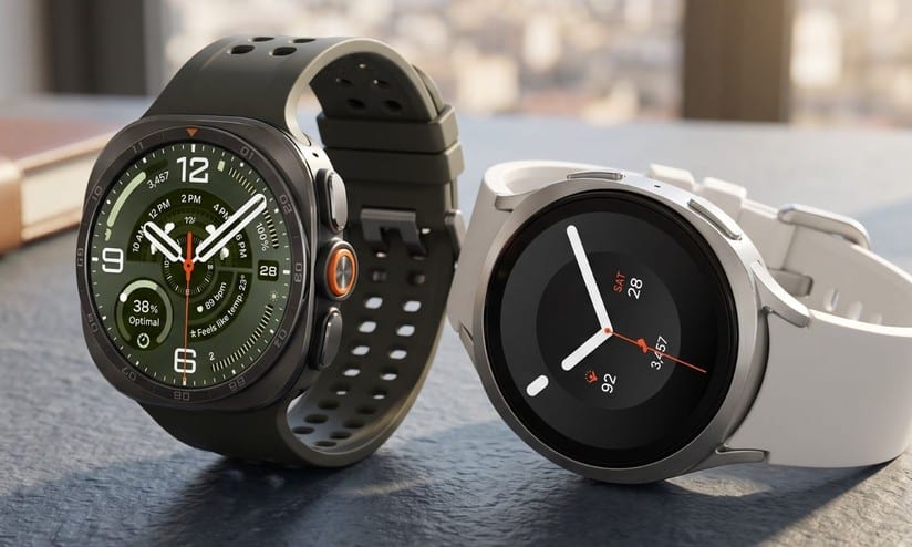 Deux montres connectées, l'une vert foncé, l'autre blanche.