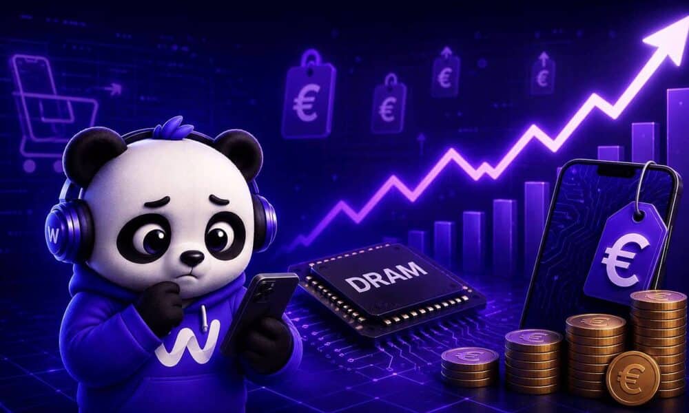 Panda triste avec smartphone, prix euros montent, puce DRAM.