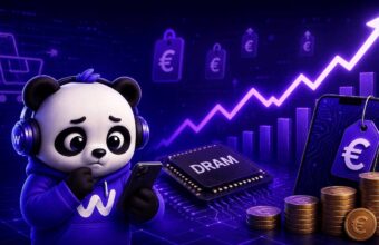 Panda triste avec smartphone, prix euros montent, puce DRAM.