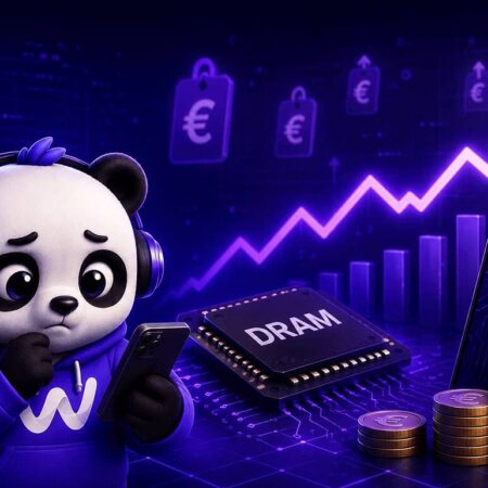 Panda triste avec smartphone, prix euros montent, puce DRAM.
