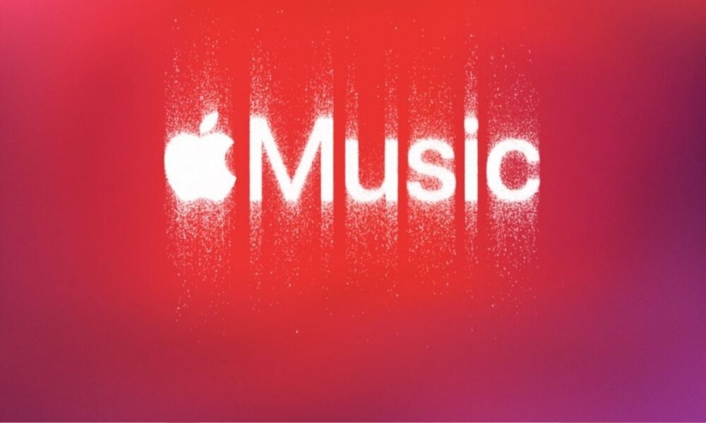 Logo Apple Music blanc avec effet de pulvérisation sur fond dégradé.