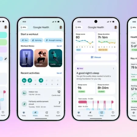 Quatre écrans de smartphone affichant l'application Google Health.