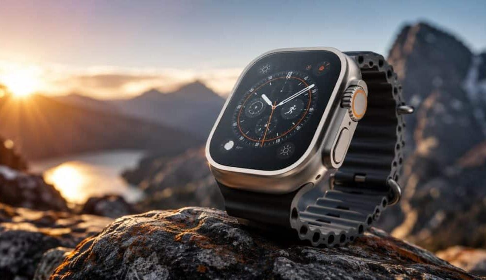 Apple Watch Ultra sur rocher au coucher du soleil.