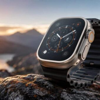 Apple Watch Ultra sur rocher au coucher du soleil.