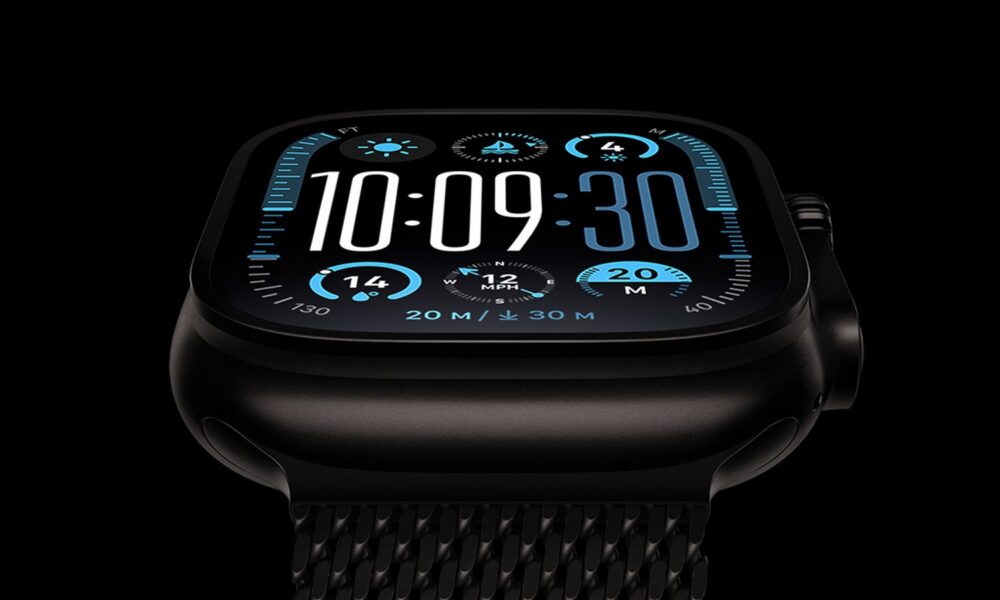 Montre intelligente noire avec cadran numérique bleu pour sports nautiques.