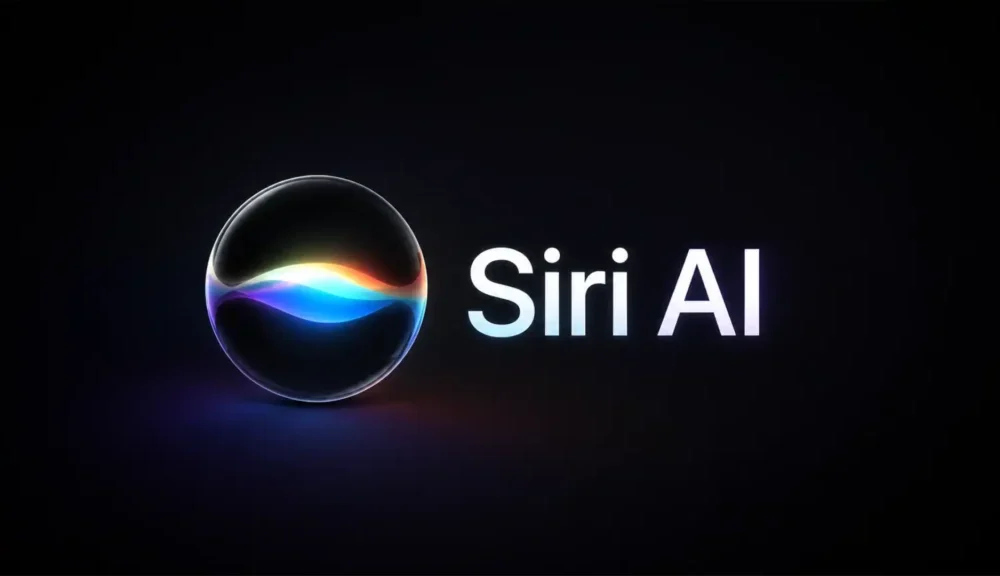Logo Siri AI: sphère lumineuse colorée sur fond noir.