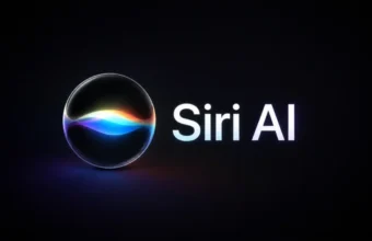 Logo Siri AI: sphère lumineuse colorée sur fond noir.