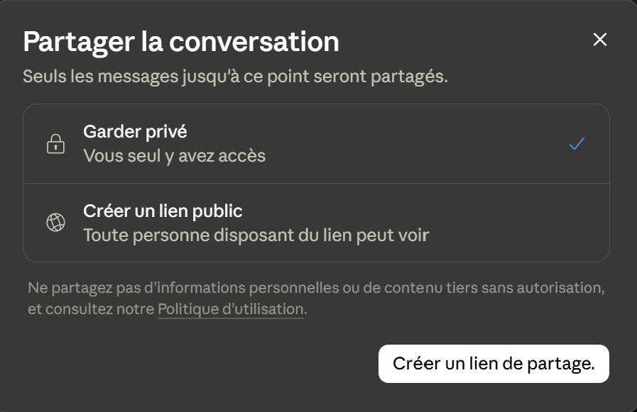 Partager la conversation : option privée sélectionnée.