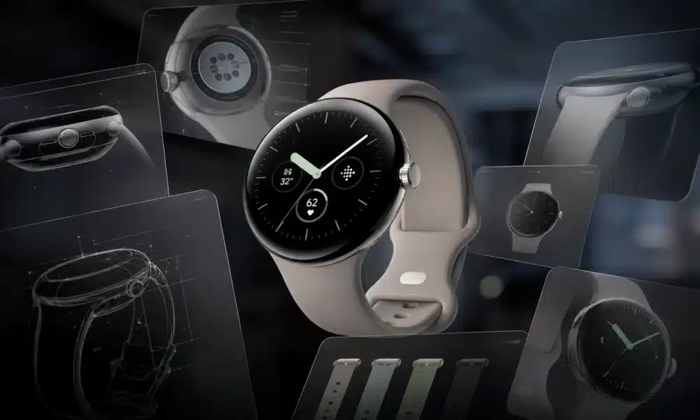 Montre connectée Google Pixel Watch beige et schémas de conception.