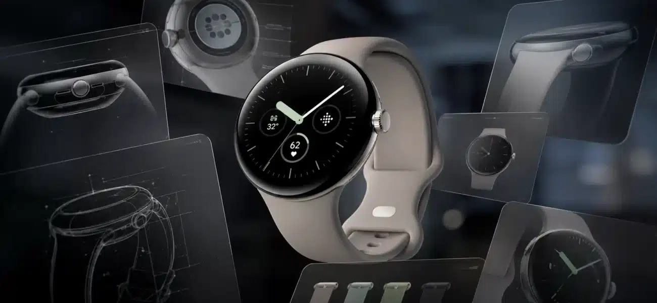 Montre connectée Google Pixel Watch beige et schémas de conception.