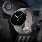 Montre connectée Google Pixel Watch beige et schémas de conception.