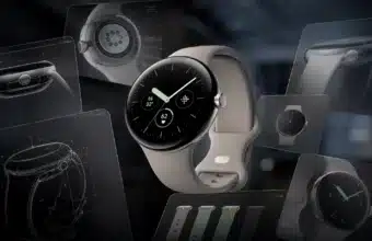 Montre connectée Google Pixel Watch beige et schémas de conception.