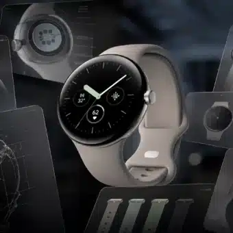 Montre connectée Google Pixel Watch beige et schémas de conception.