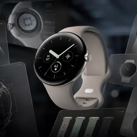Montre connectée Google Pixel Watch beige et schémas de conception.