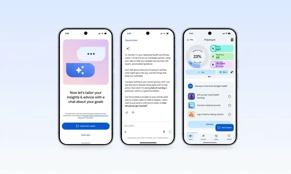 Application Google Health avec coach IA et suivi de la santé sur smartphone.