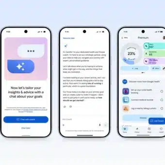Application Google Health avec coach IA et suivi de la santé sur smartphone.