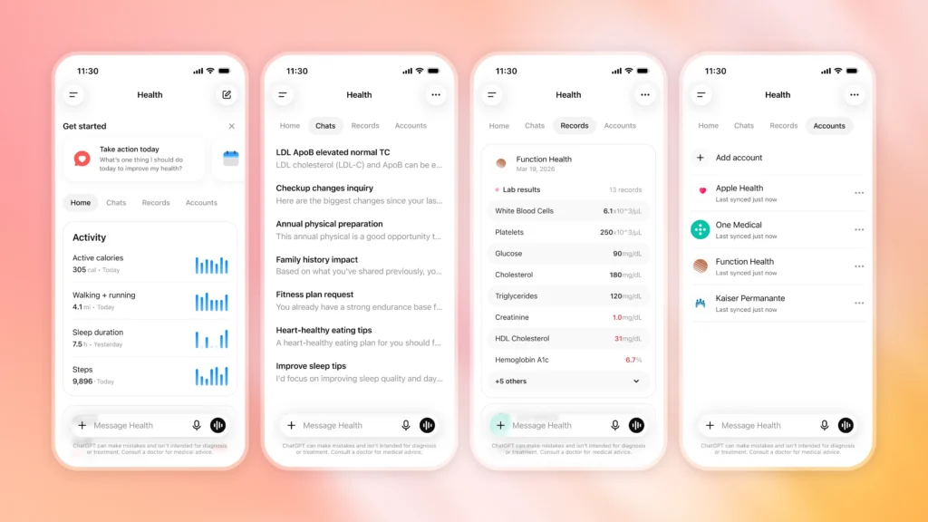 Application de santé mobile avec suivi d'activités, dossiers et chat.