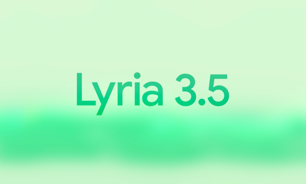 Texte Lyria 3.5 sur fond vert dégradé.
