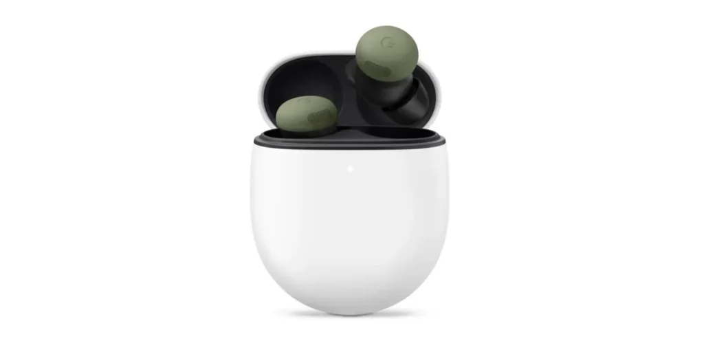 Google Pixel Buds Pro vert olive dans leur boîtier de charge.