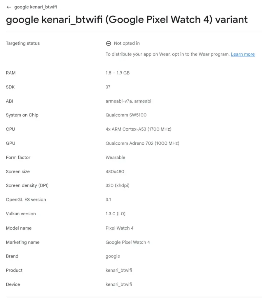 Google Pixel Watch 4 Technical Specifications.