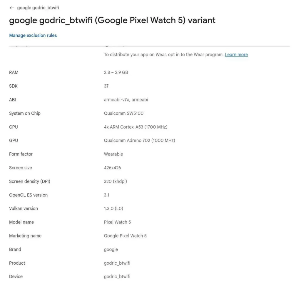 Google Pixel Watch 5 Datasheet.