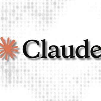 Logo Claude avec un emblème orange et un fond binaire.