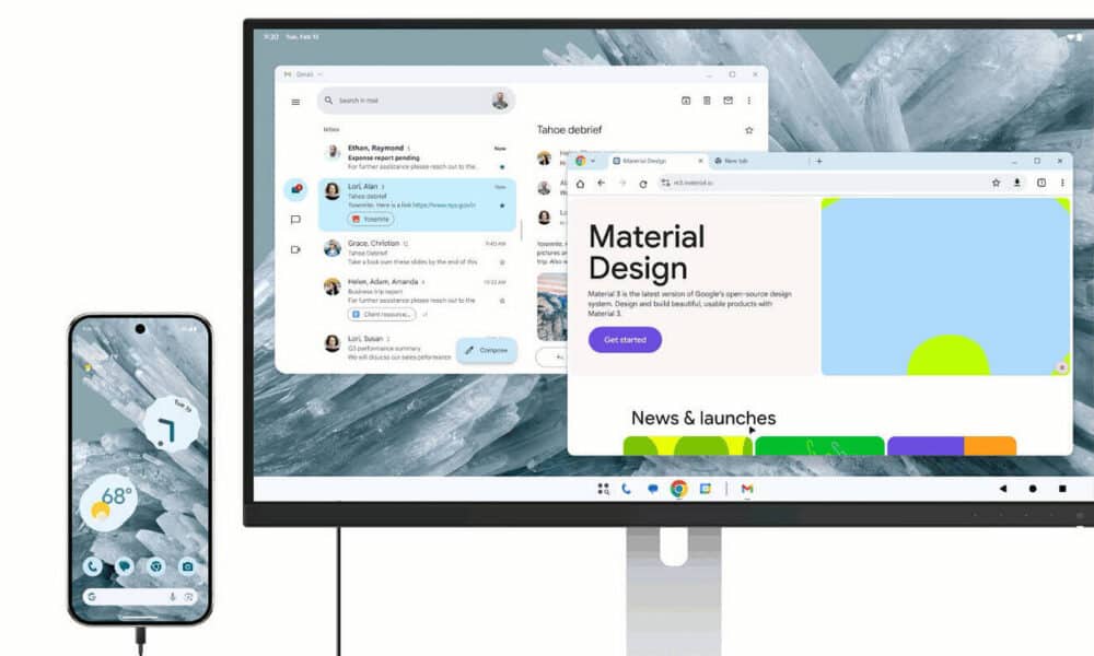 Smartphone Android connecté à un moniteur affichant des applications de bureau.