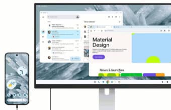 Smartphone Android connecté à un moniteur affichant des applications de bureau.