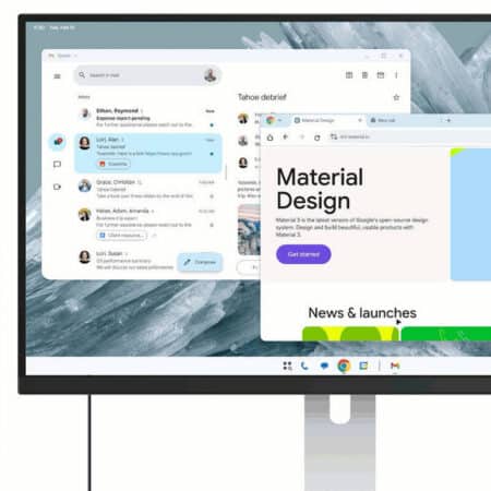 Smartphone Android connecté à un moniteur affichant des applications de bureau.