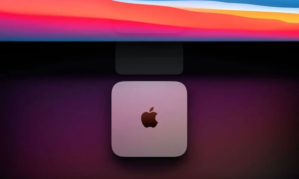 Apple Mac mini sous un écran coloré