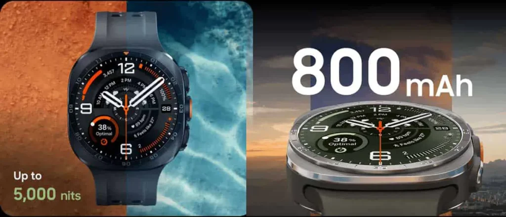 Montre connectée avec luminosité 5000 nits et batterie 800 mAh.