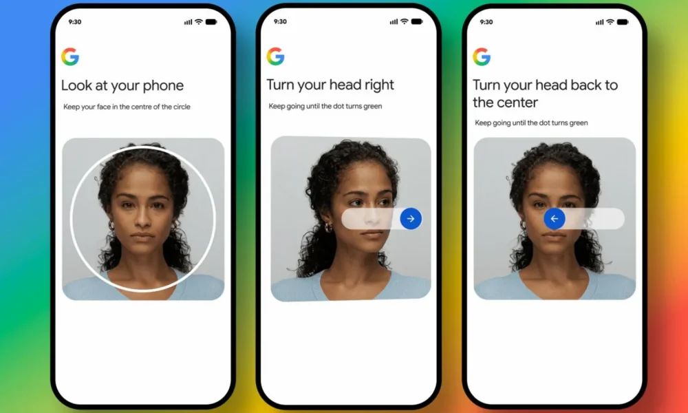 Processus de vérification faciale sur trois écrans de téléphone.