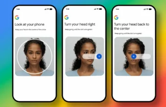 Processus de vérification faciale sur trois écrans de téléphone.