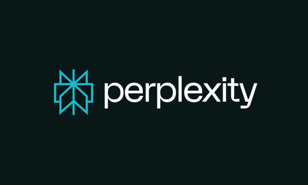 Logo Perplexity avec icône bleue et texte blanc.