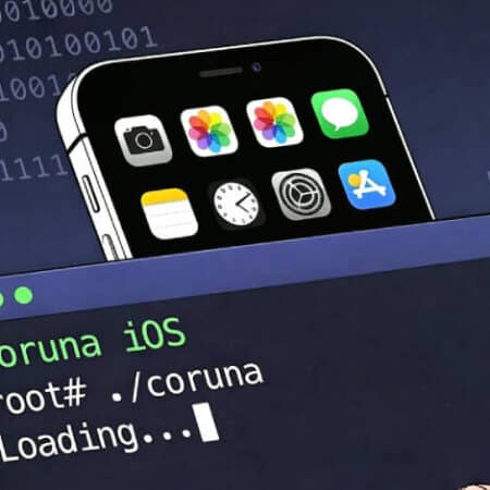 Jailbreak iPhone iOS via terminal Coruna. Code binaire.