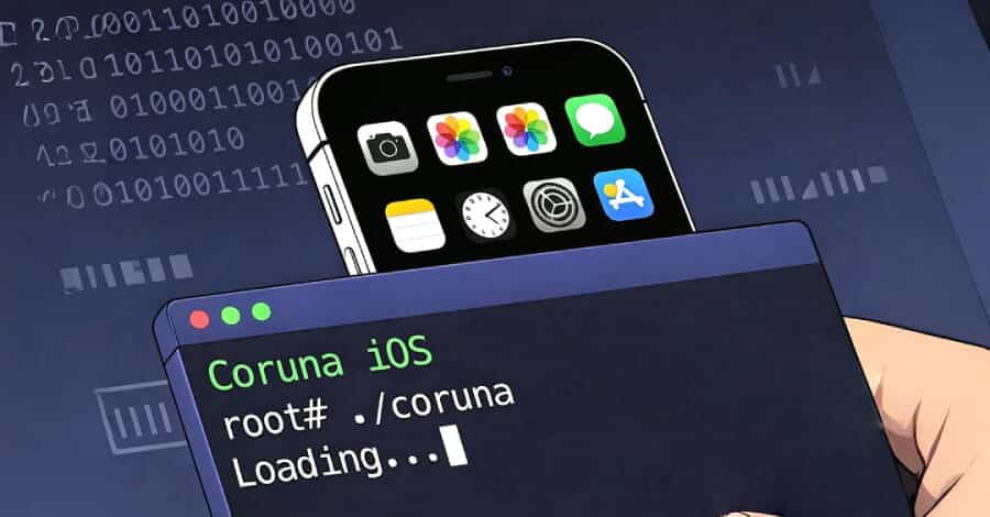 Jailbreak iPhone iOS via terminal Coruna. Code binaire.
