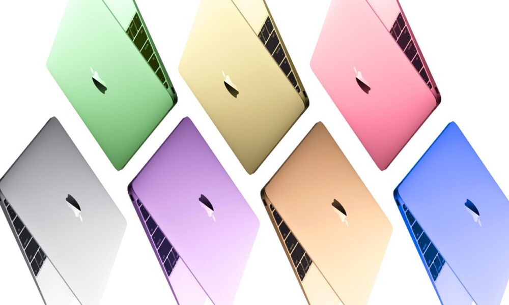 MacBooks multicolores sur fond blanc.