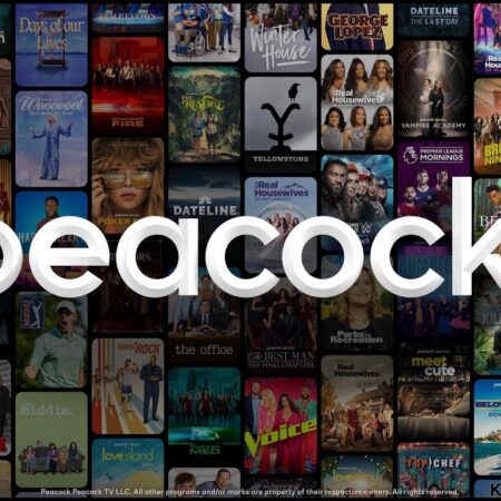 Logo Peacock blanc sur fond d'affiches de films et séries.