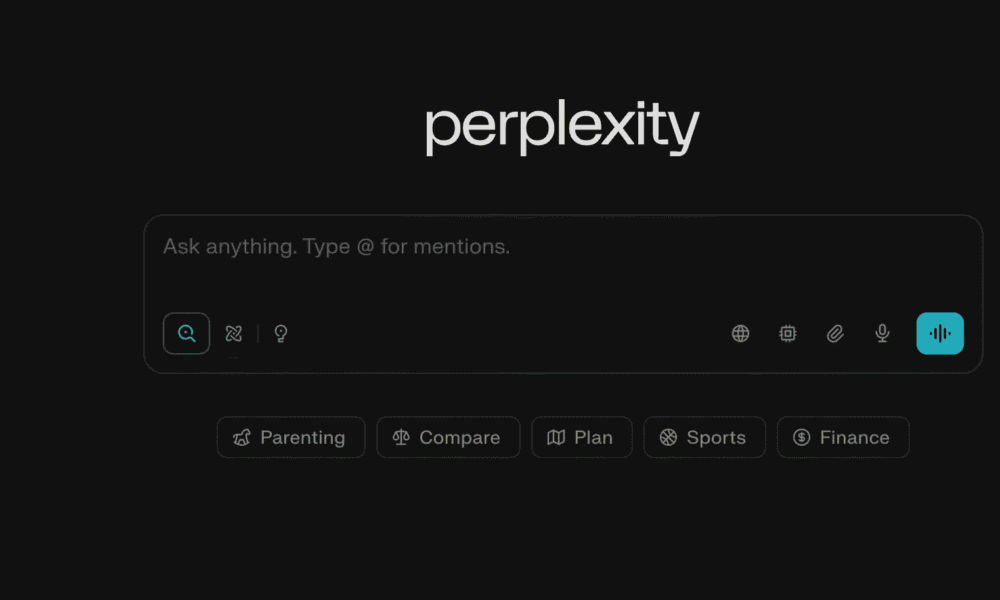 Interface Perplexity AI avec barre de recherche et catégories thématiques.