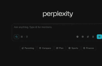 Interface Perplexity AI avec barre de recherche et catégories thématiques.