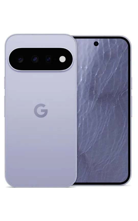 Téléphone Google Pixel violet, dos caméra, écran texturé.