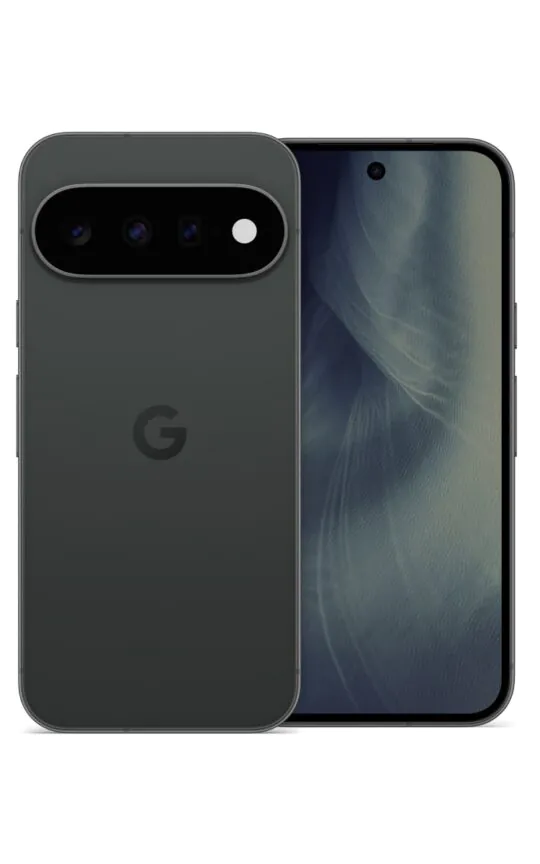 Smartphone gris foncé Google Pixel vue avant et arrière.