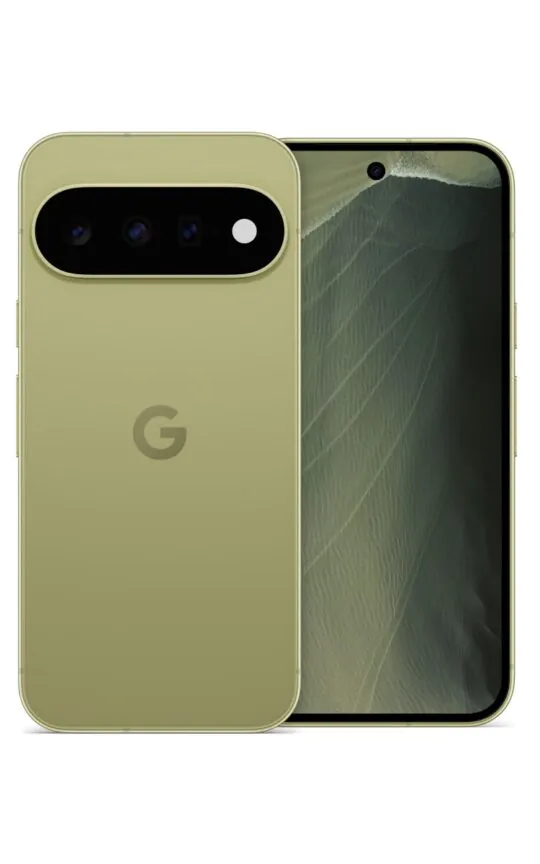 Téléphone Google Pixel vert, vue arrière et écran allumé.
