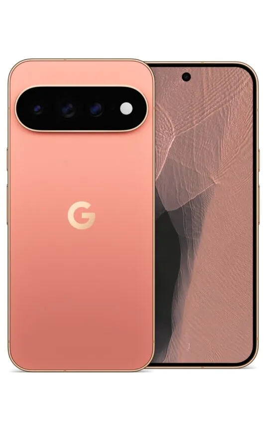 Smartphone Google rose corail avec barre caméra et logo doré.