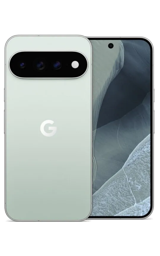 Smartphone Google Pixel vert clair, dos et écran.
