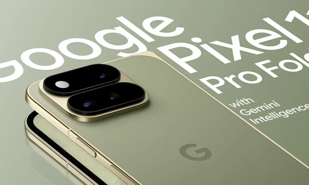 Google Pixel 11 Pro Fold vert, double caméra, intelligence Gemini.