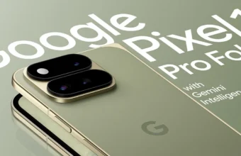 Google Pixel 11 Pro Fold vert, double caméra, intelligence Gemini.
