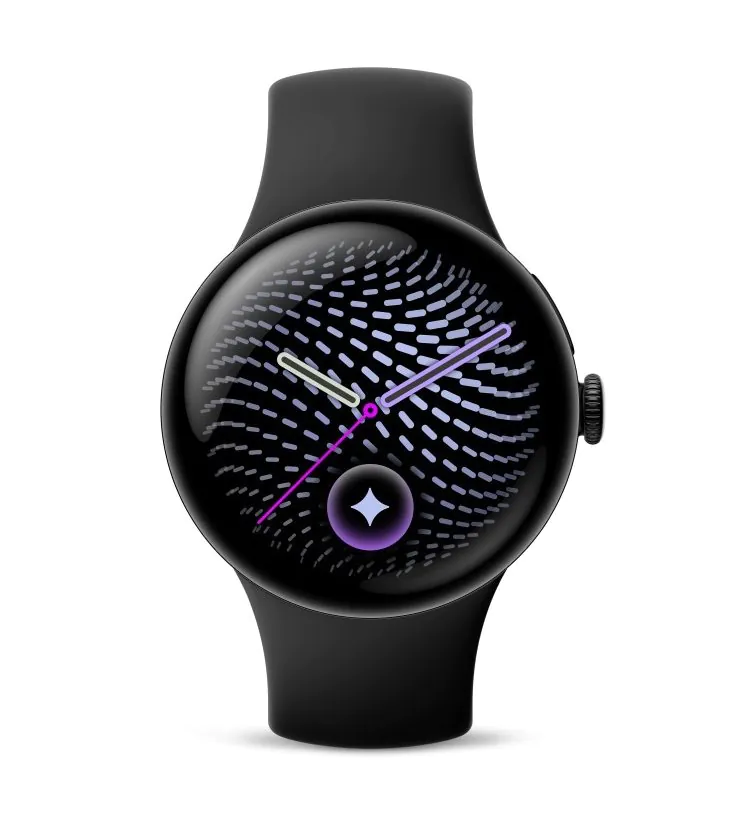 Montre connectée noire, cadran abstrait avec aiguilles violettes et vertes.